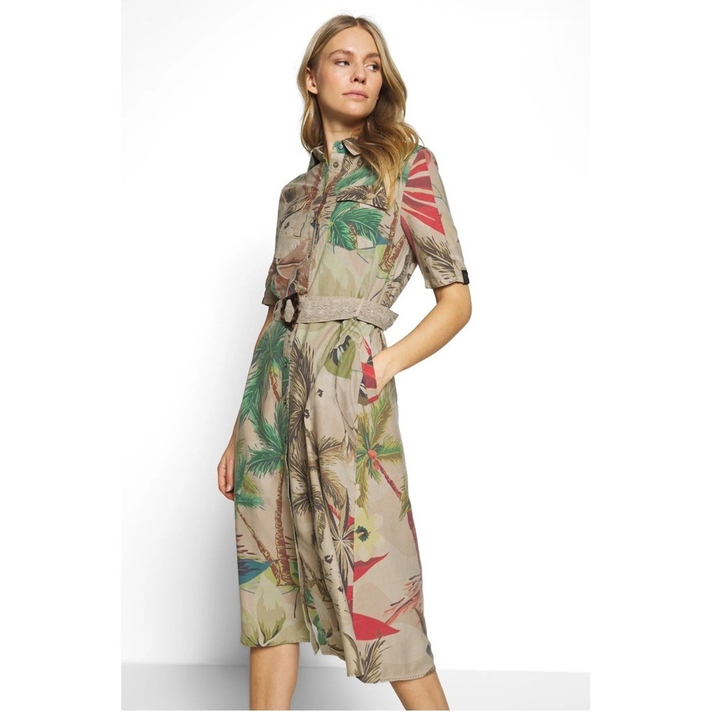 Desigual Kate Camoflower Lyocell Safari Short Sleeve Midi‎ Dress Size 10 Waist